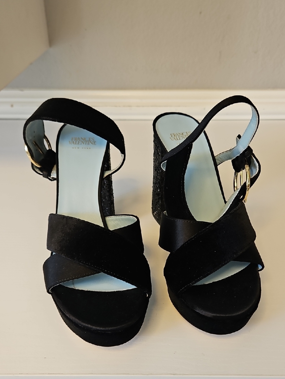Frances Valentine Black Suede Crisscross Platform Sandals with Glitter Heels